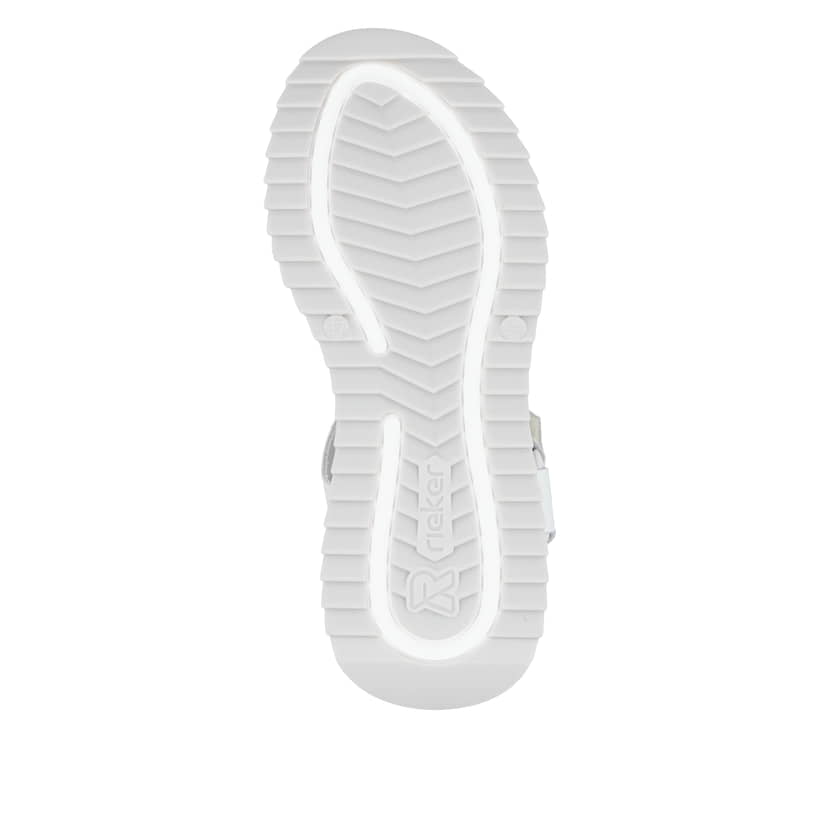 Weiße Rieker Damen Trekkingsandalen W2951-80 mit einem Klettverschluss. Schuh Laufsohle.