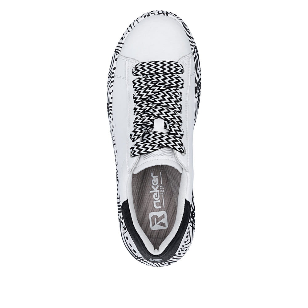 Baskets basses Rieker blanches pour femme W1201-83 en cuir lisse. Chaussure vue de dessus.
