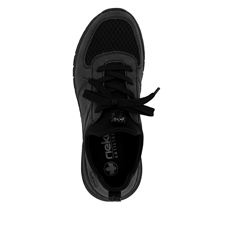 Dunkelgraue Rieker Damen Slipper M4970-45 mit einem Gummizug sowie Extraweite H. Schuh von oben.