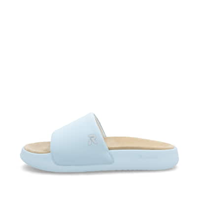 Blaue Rieker Damen Pantoletten W3250-12 mit flexibler und ultraleichter Sohle. Schuh Außenseite.