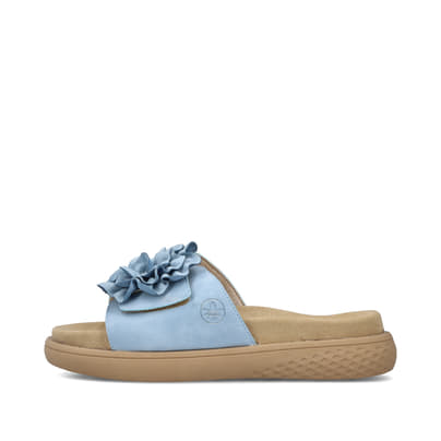 Blaue Rieker Damen Pantoletten V1562-10 mit dekorativer Blume. Schuh Außenseite.