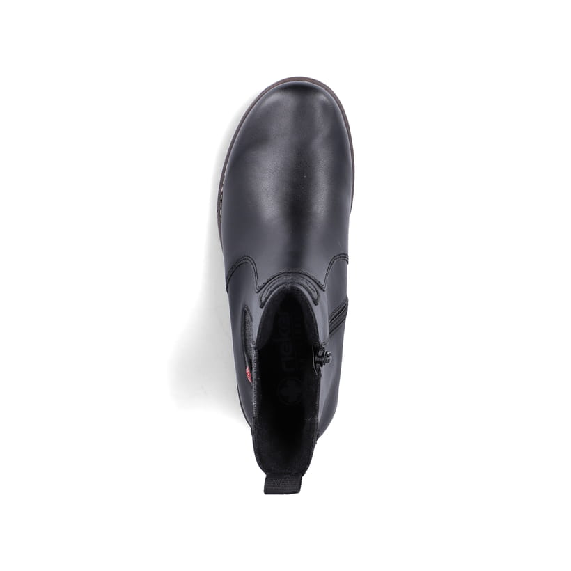 Schwarze Rieker Damen Chelsea Boots 79561-00 mit einem Reißverschluss. Schuh von oben.