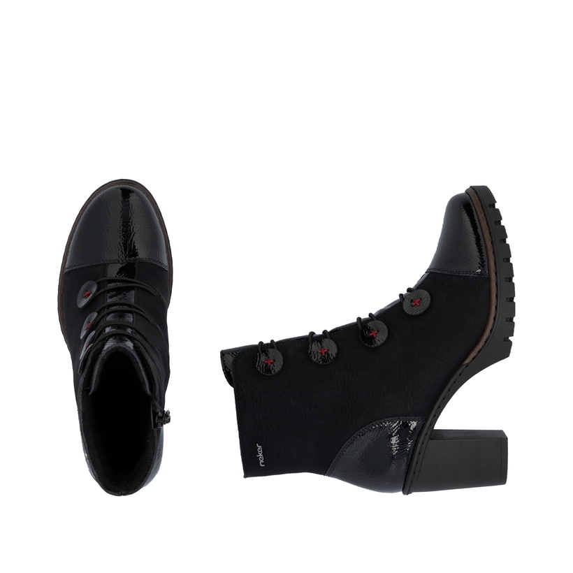 Schwarze Rieker Damen Stiefeletten Y2576-00 mit einem Reißverschluss. Schuh von oben, liegend.
