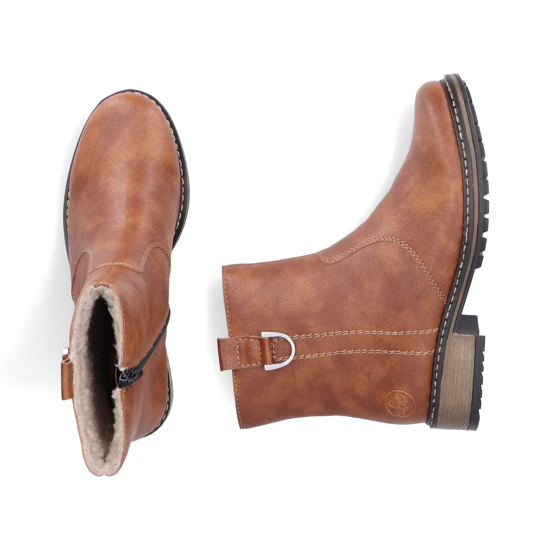 Zimtfarbene Rieker Damen Kurzstiefel Z6871-24 mit einem Reißverschluss. Schuh von oben, liegend.