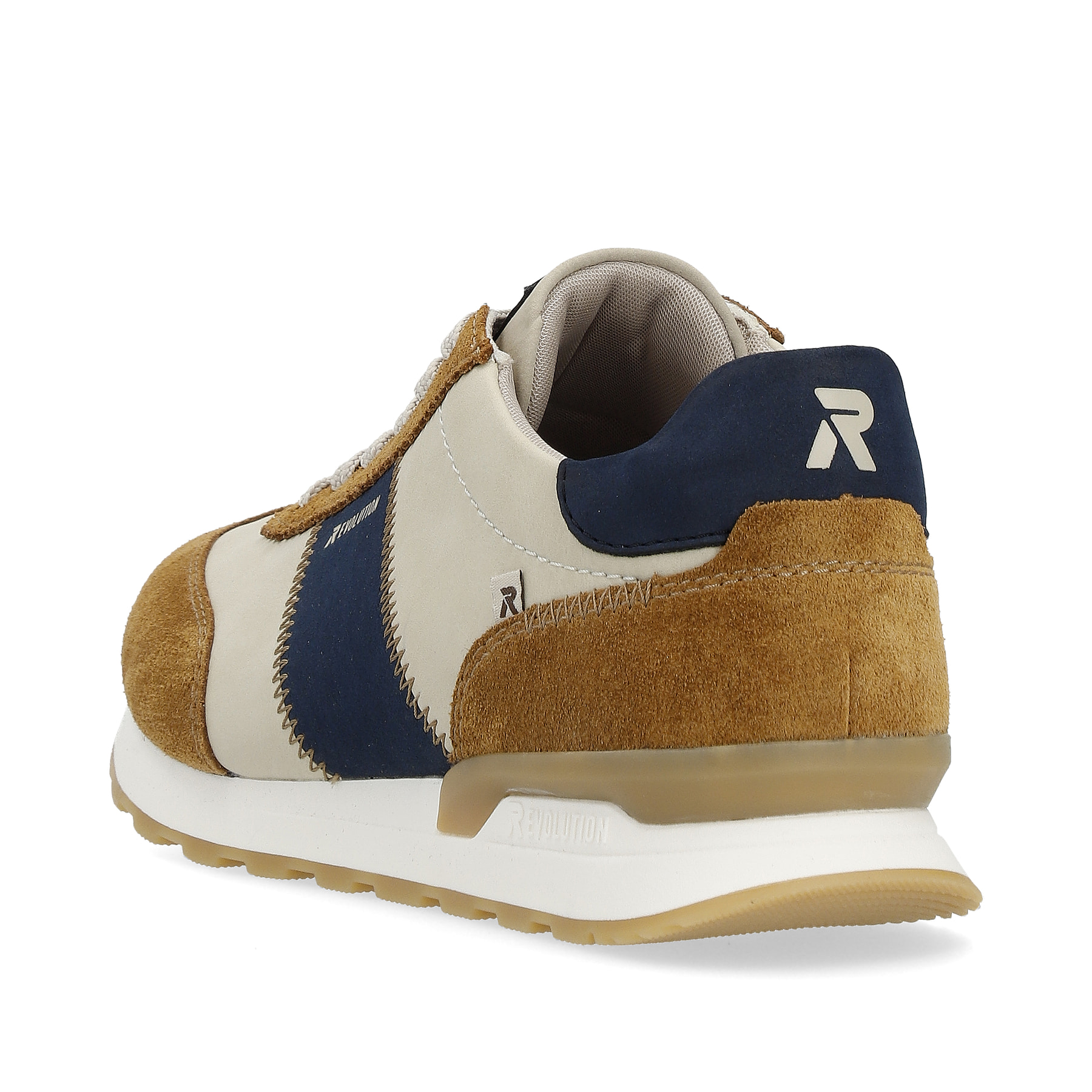 Beige Rieker Herren Sneaker Low U0306-60 mit griffiger und leichter Sohle. Schuh von hinten.