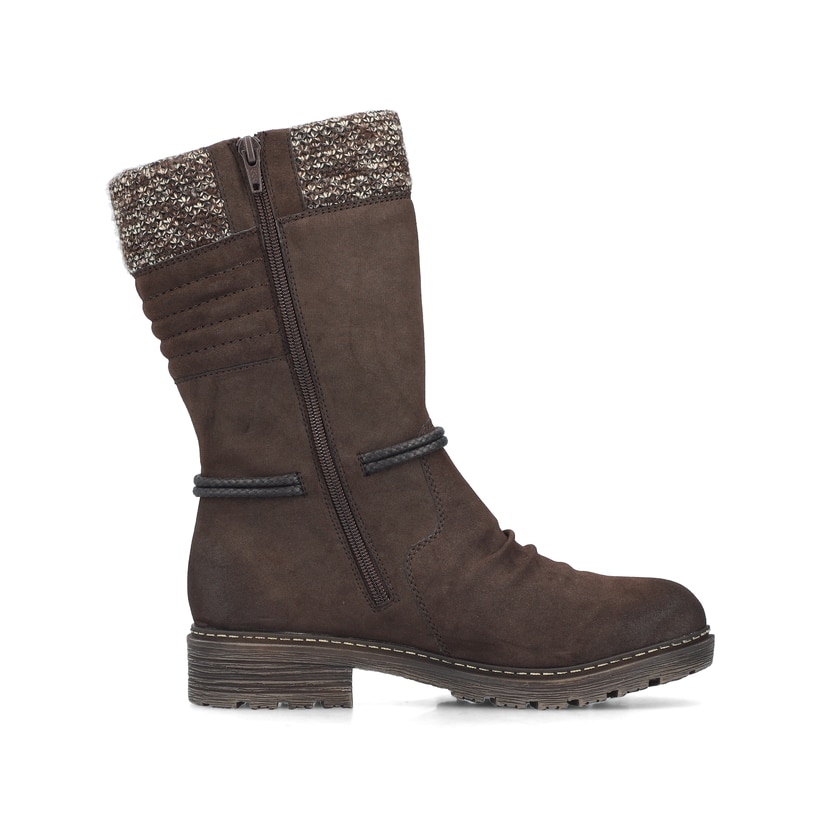 Dunkelbraune Rieker Damen Hochschaftstiefel Z4755-25 mit Strick-Kragen. Schuh Innenseite.