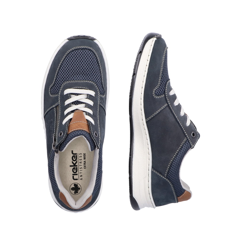 Blaue Rieker Herren Schnürschuhe 14300-14 mit Reißverschluss sowie Extraweite H. Schuh von oben, liegend.
