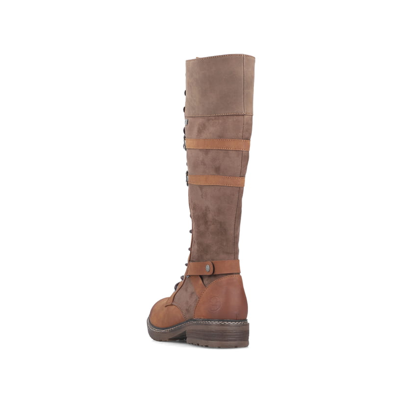 Dunkelbraune Rieker Damen Hochschaftstiefel 94732-25 mit einem Reißverschluss. Schuh von hinten.