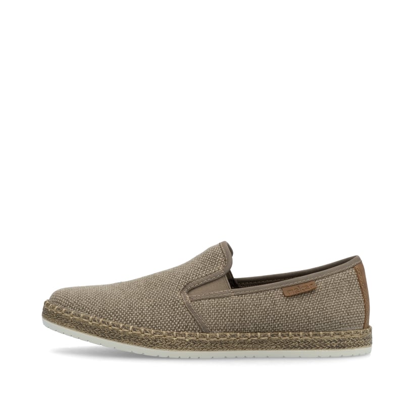 Beige Rieker Herren Slipper B5265-64 mit einem Gummizug sowie Komfortweite G 1/2. Schuh Außenseite.