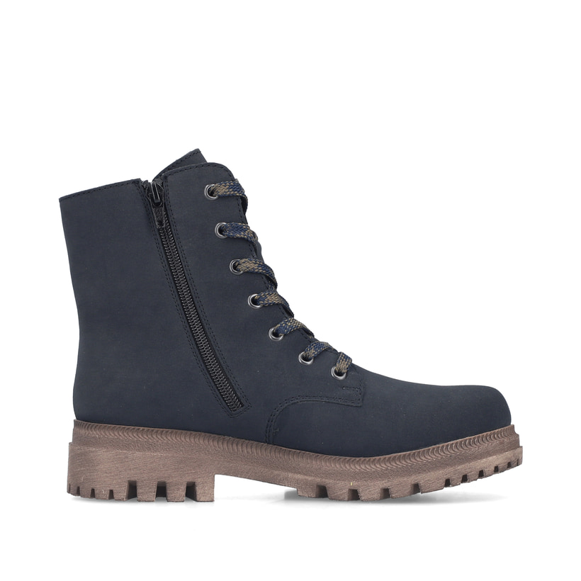 Dunkelblaue Rieker Damen Biker Boots Y7622-14 mit einem Reißverschluss. Schuh Innenseite.