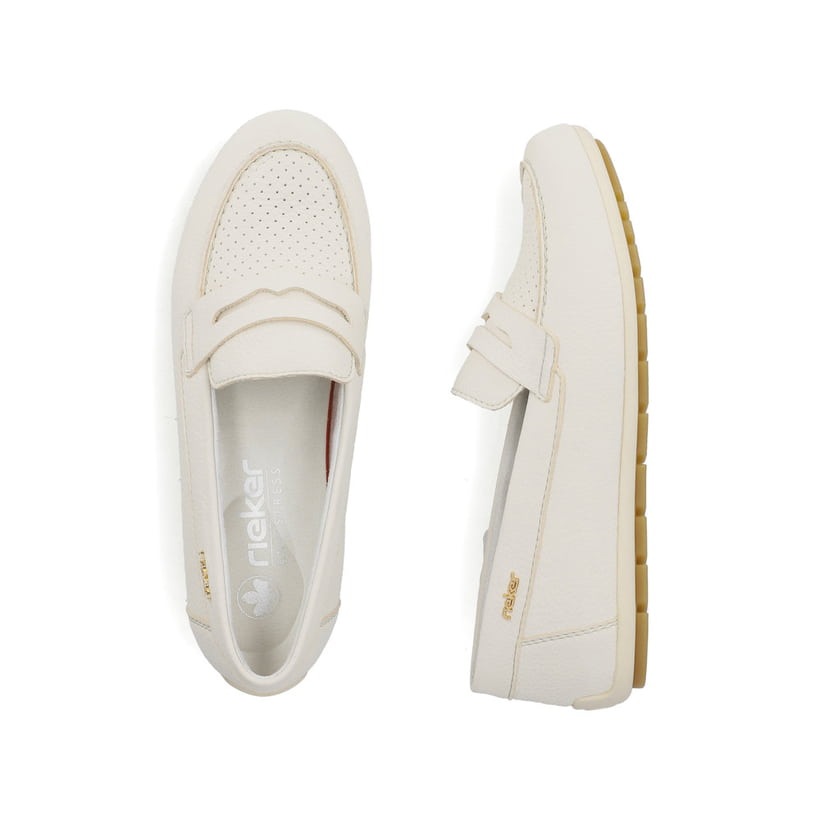 Weiße Rieker Damen Loafer 43862-80 mit einer herausnehmbaren Einlegesohle. Schuh von oben, liegend.