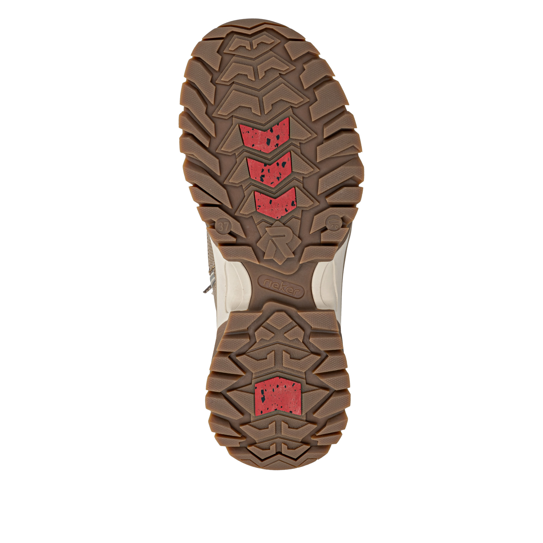 Beige Rieker Damen Schnürstiefel W3972-64 mit griffiger Fiber-Grip Sohle. Schuh Laufsohle.