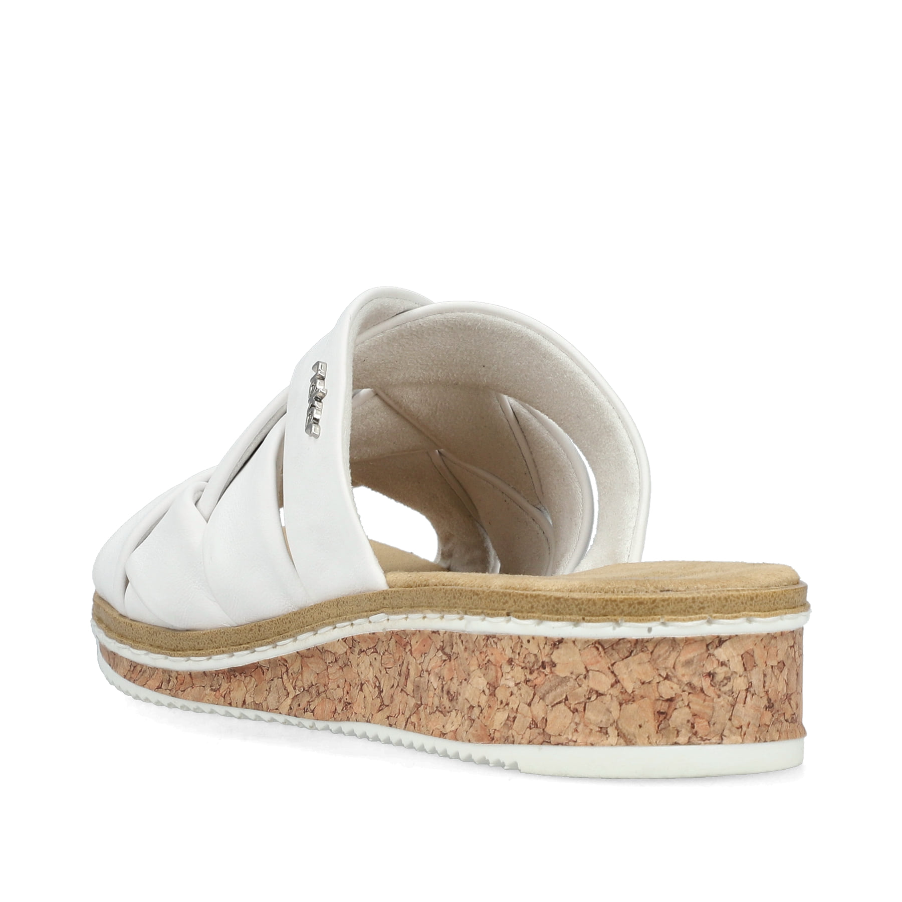 Weiße Rieker Damen Pantoletten V3608-80 mit einer schockabsorbierenden Sohle. Schuh von hinten.