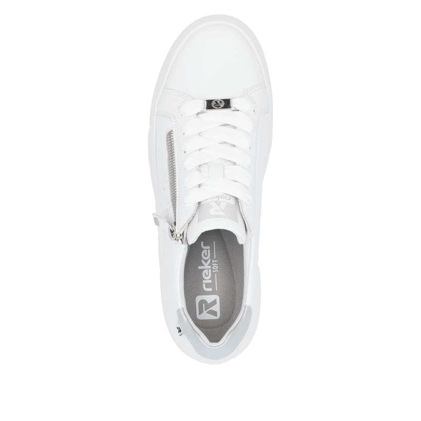 Weiße Rieker Damen Sneaker Low W2605-80 mit einem Reißverschluss. Schuh von oben.