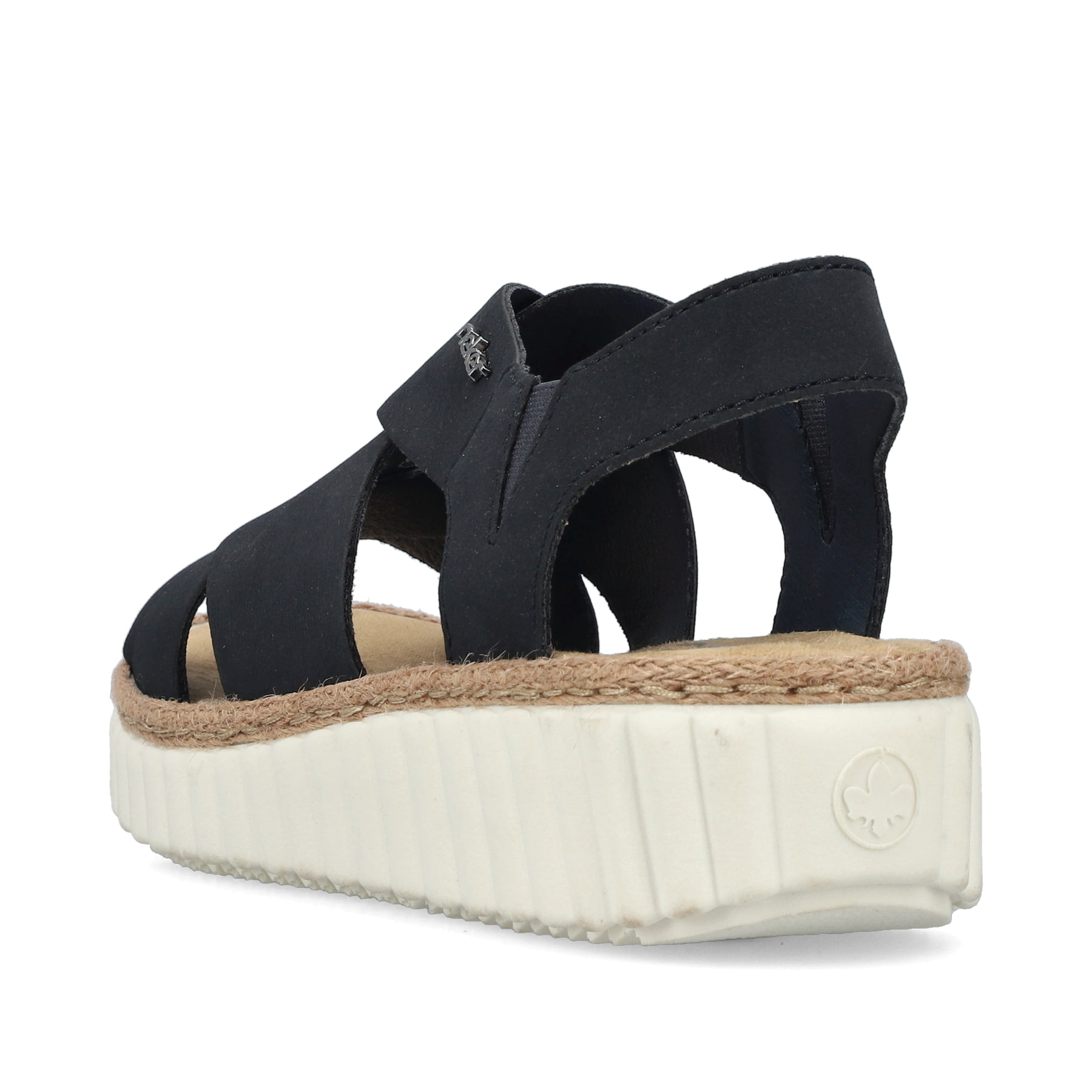 Blaue Rieker Keilsandaletten 69264-14 mit einem Gummizug sowie der Extraweite H. Schuh von hinten.