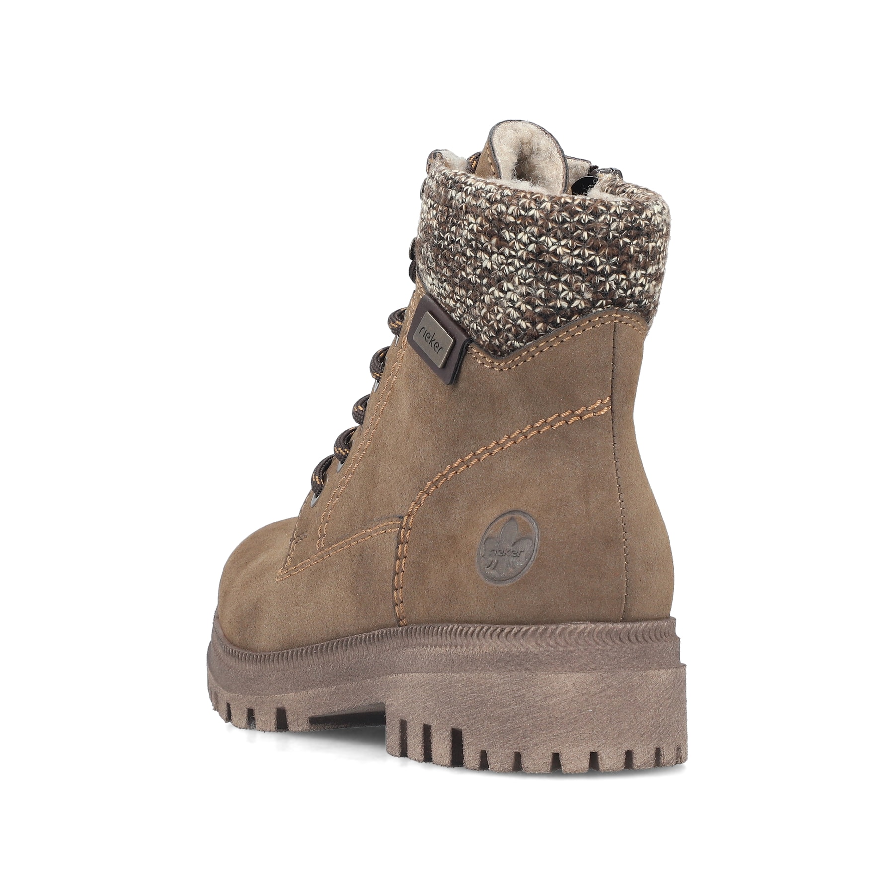 Braune Rieker Damen Schnürstiefel Y7621-25 mit Strick-Kragen. Schuh von hinten.