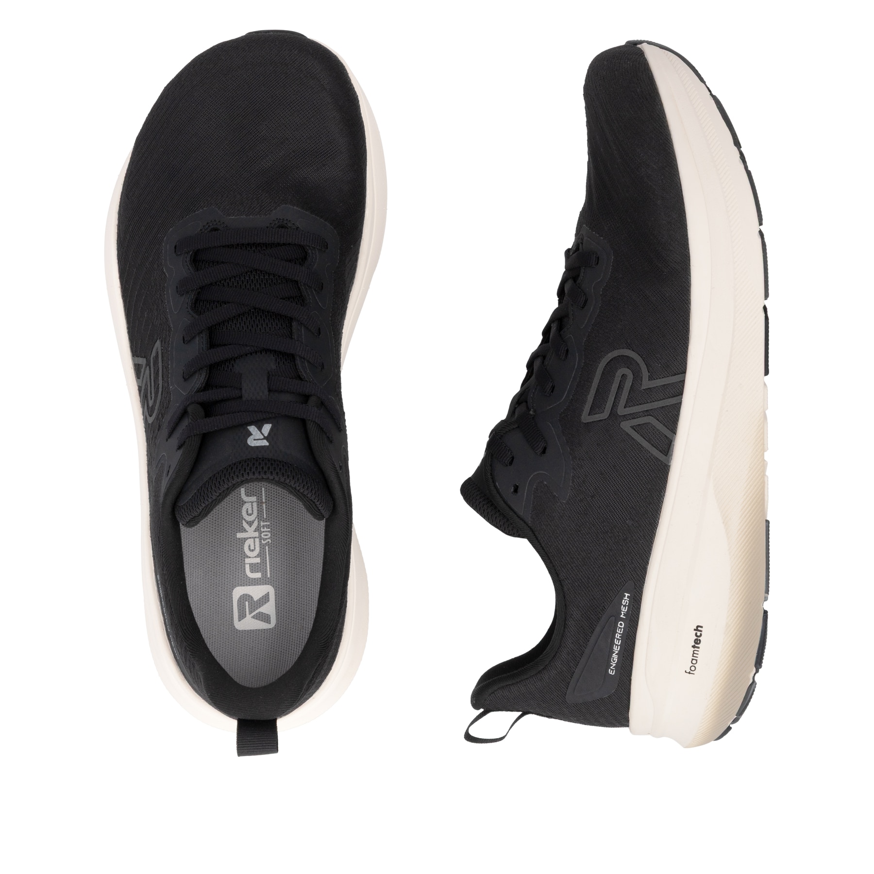 Schwarze Rieker Sport Herren Sneaker Low U4301-01. Schuh von oben, liegend.