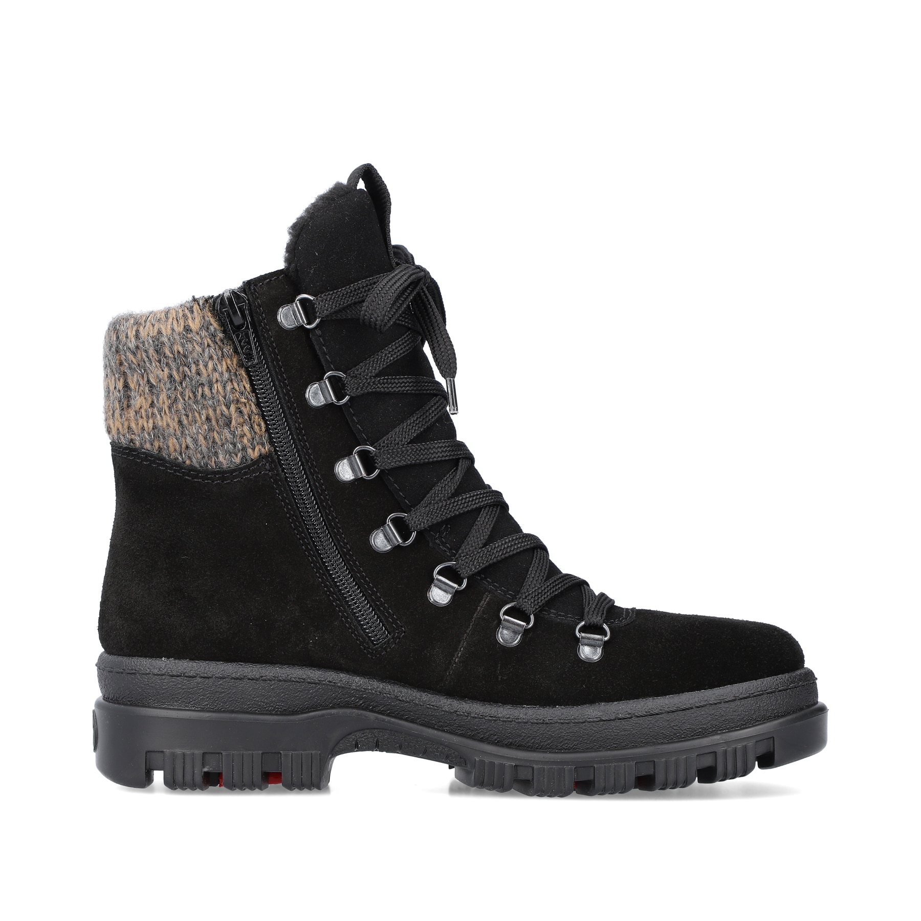Schwarze Rieker Damen Schnürstiefel X8200-00 aus Rauleder mit Flip-Grip Sohle. Schuh Innenseite.