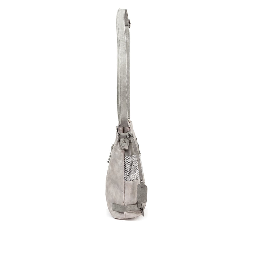 Sac à bandoulière Rieker H1346-40 gris-combi avec des pierres précieuses et des compartiments pratiques à l'intérieur et à l'extérieur. Ouvert.