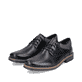 
Glanzschwarze Rieker Herren Schnürschuhe 13200-00 mit einer robusten Profilsohle. Schuhpaar schräg.
