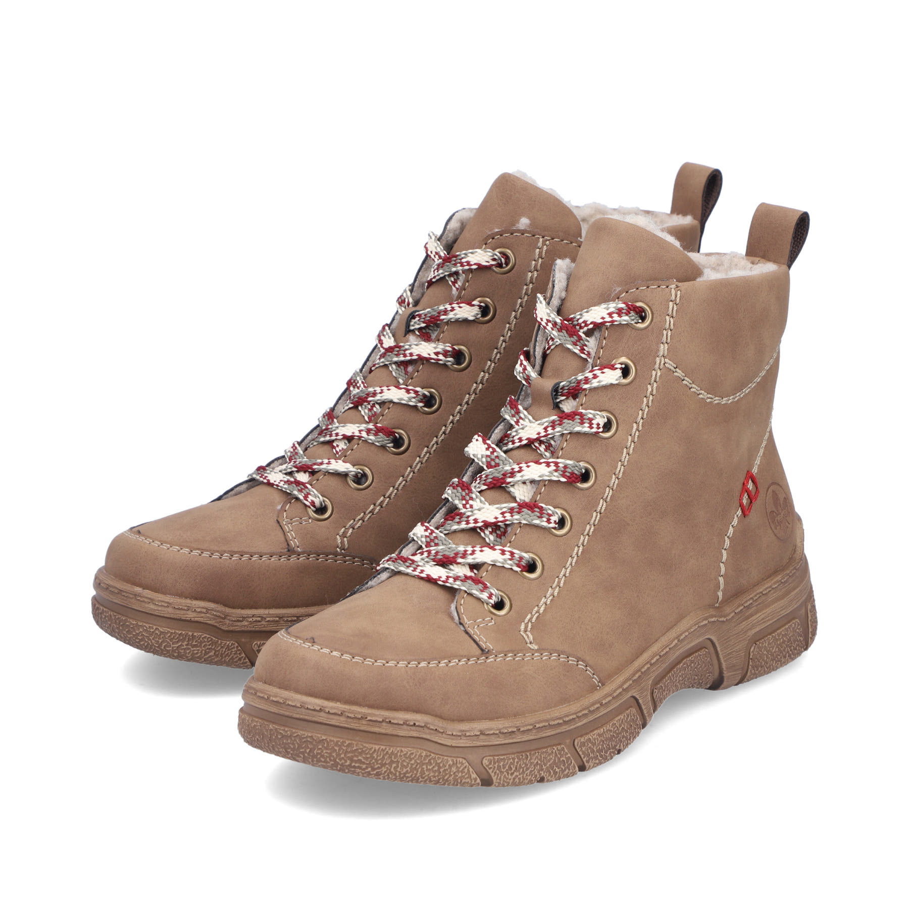 Braune Rieker Damen Schnürstiefel 72320-24 mit Reißverschluss sowie Extraweite H. Schuhpaar seitlich schräg.