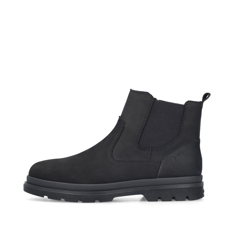 Chelsea Boots Rieker noires pour homme F7051-00 en cuir suédé. Côté extérieur de la chaussure.