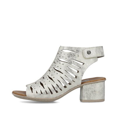 Beige Rieker Riemchensandaletten 64676-60 mit einem Klettverschluss. Schuh Außenseite.