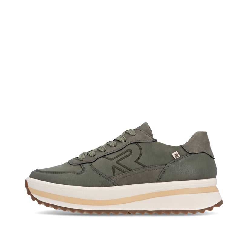Grünbeige Rieker Damen Sneaker Low W3800-54 aus Glattleder mit einer Schnürung. Schuh Außenseite.