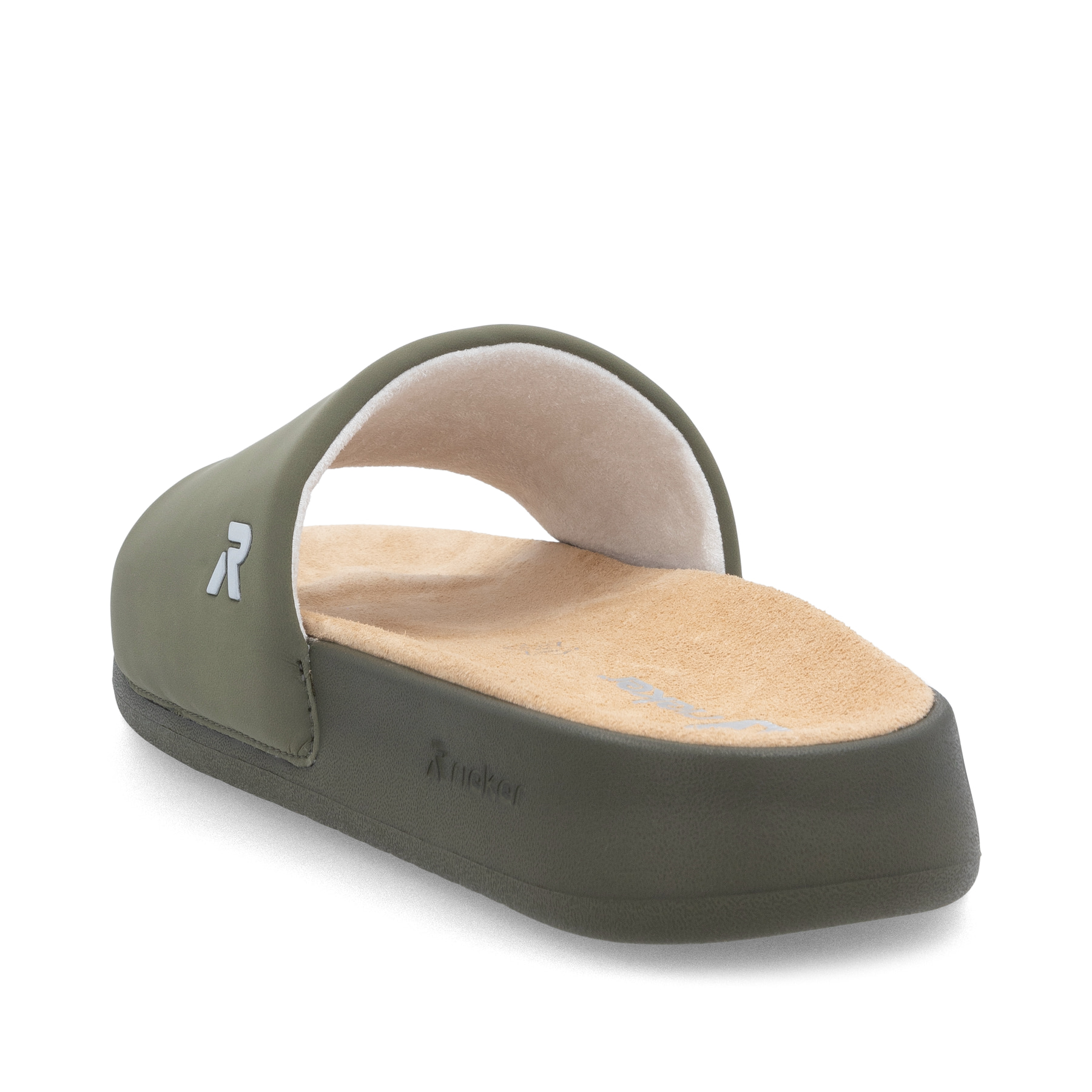 Grüne Rieker Herren Pantoletten U3250-54 mit flexibler und ultraleichter Sohle. Schuh von hinten.