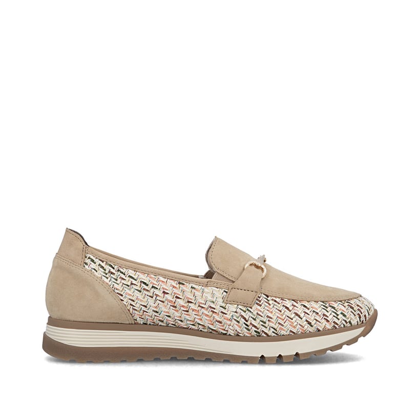Mocassins Rieker beiges pour femme 49042-62 en cuir velours. Côté intérieur de la chaussure.