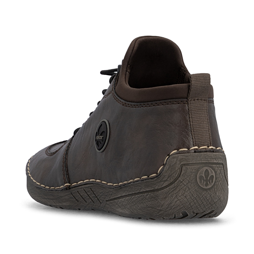 Dunkelbraune Rieker Damen Kurzstiefel 52557-25 mit einem Reißverschluss. Schuh von hinten.