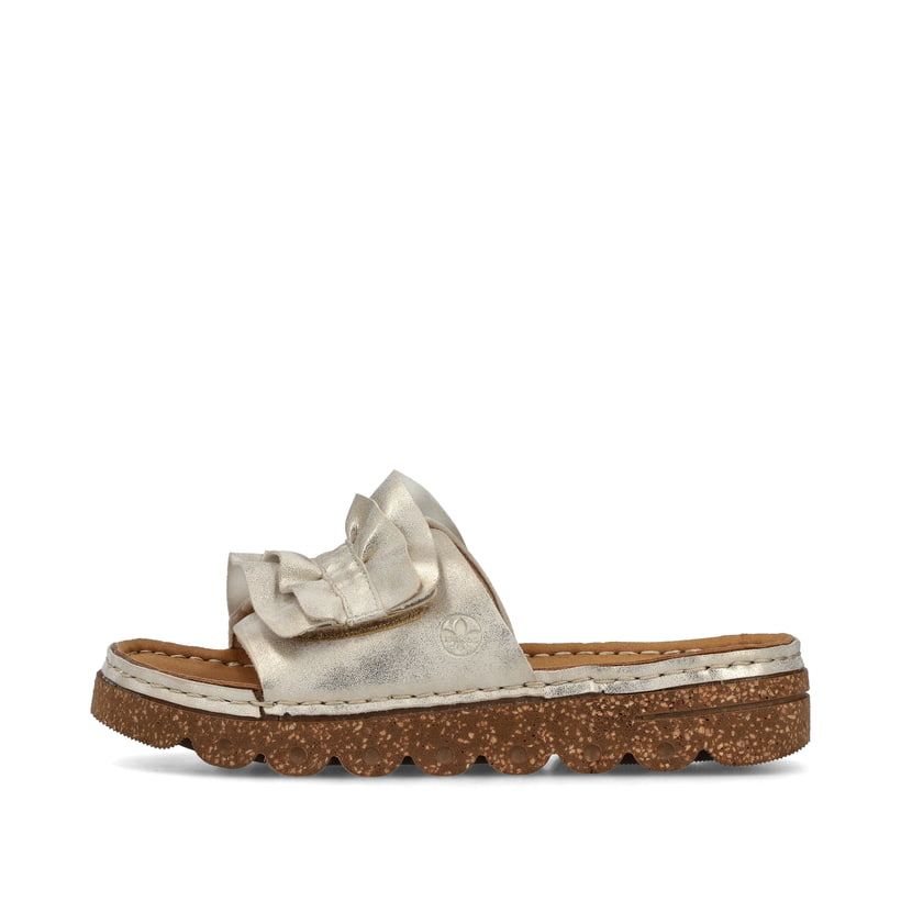 Beige Rieker Damen Pantoletten V8763-60 mit Klettverschluss sowie leichter Sohle. Schuh Außenseite.