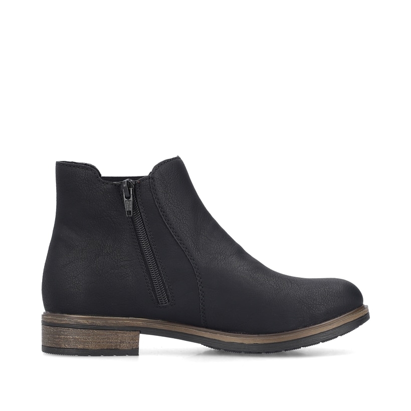 Asphaltschwarze Rieker Damen Chelsea Boots 72254-00 mit einem Reißverschluss. Schuh von hinten.