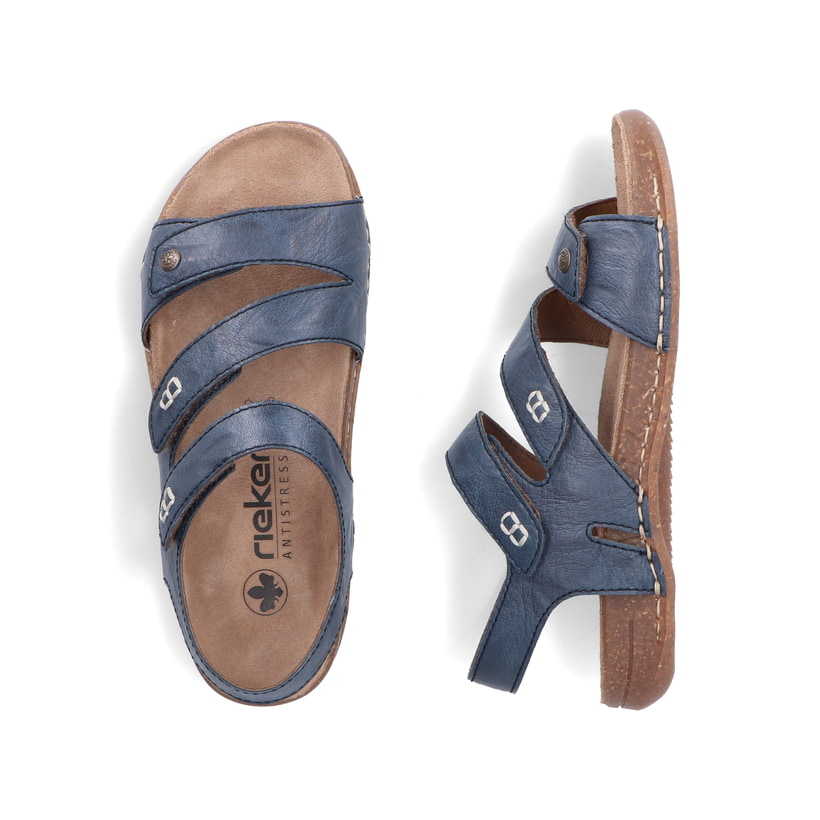 Blaue Rieker Damen Riemchensandalen 61402-12 mit einem Klettverschluss. Schuh von oben, liegend.
