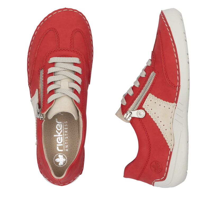 Rote Rieker Damen Schnürschuhe 52521-33 mit einem Reißverschluss. Schuh von oben, liegend.