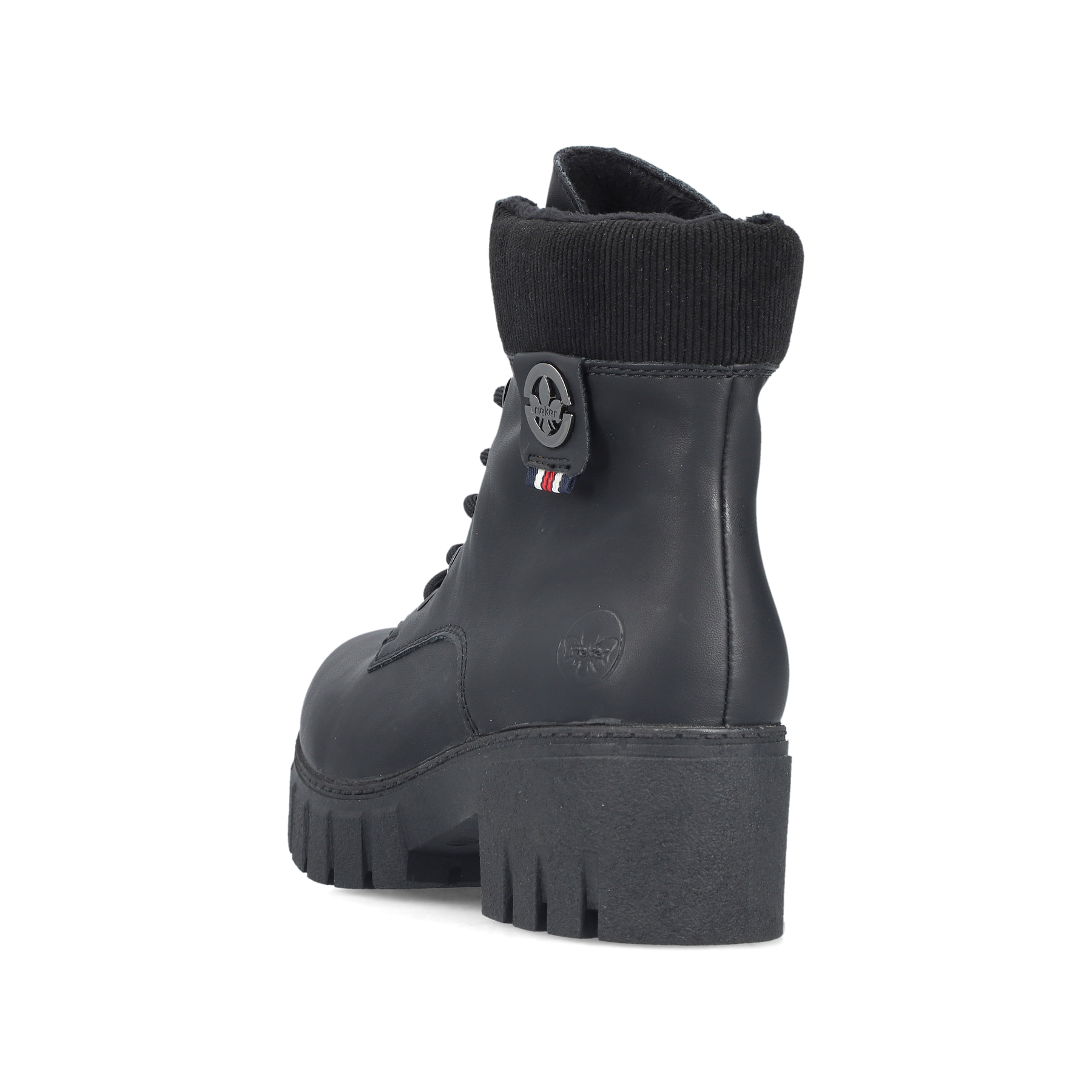 Schwarze Rieker Damen Biker Boots 74532-00 mit einem Reißverschluss. Schuh von oben.