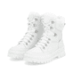 Weiße Rieker Damen Schnürstiefel W2174-80 mit wasserabweisender TEX-Membran. Schuhpaar seitlich schräg.