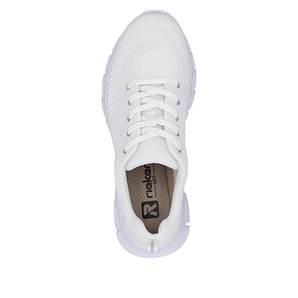 Weiße vegane Rieker Damen Sneaker Low 54022-81 mit einer Schnürung. Schuh von oben.