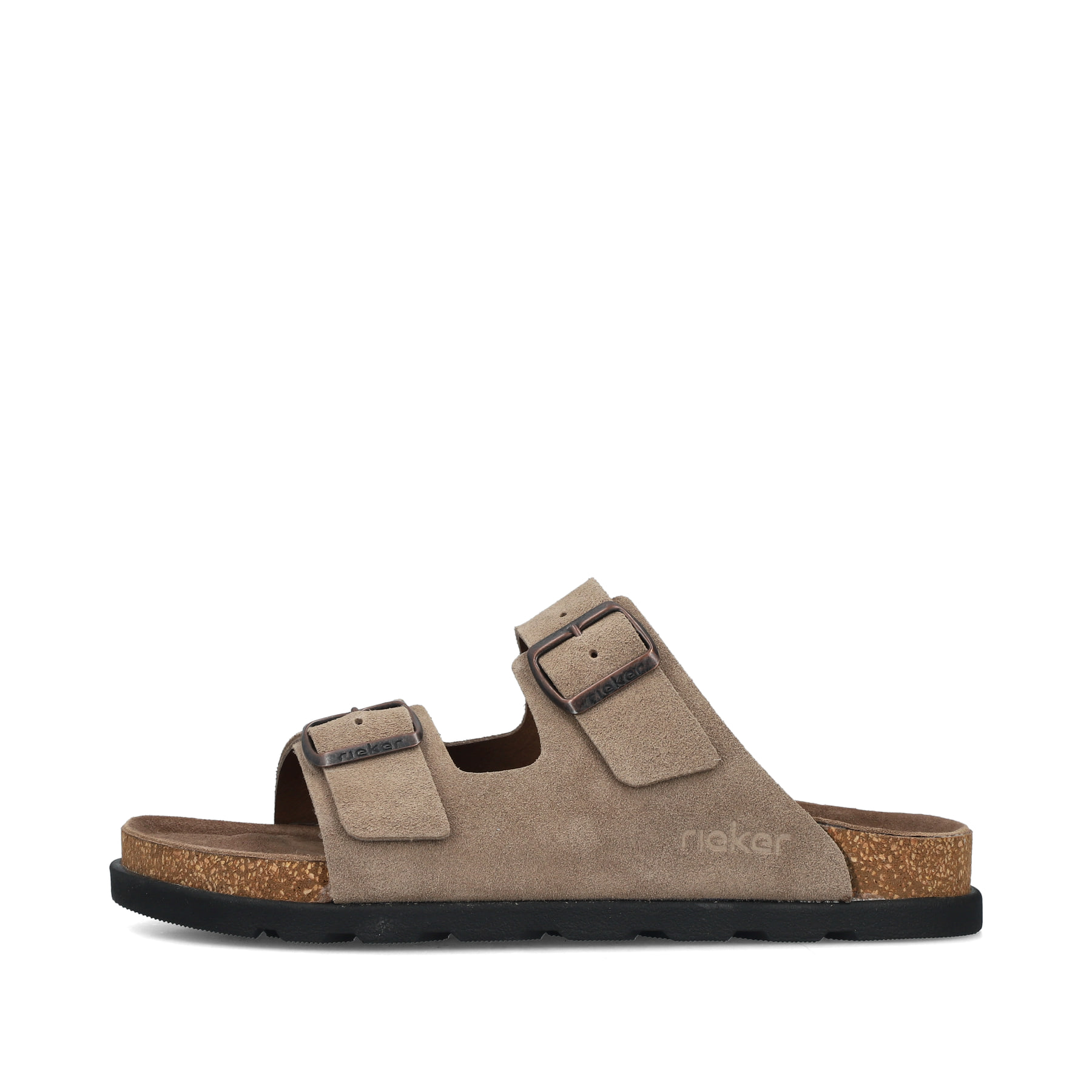 Braune Rieker Herren Pantoletten 21190-27 mit einem Schnallen sowie Extraweite H. Schuh Außenseite.