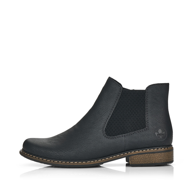 
Tiefschwarze Rieker Damen Chelsea Boots Z4994-00 mit einer schockabsorbierenden Sohle. Schuh Außenseite