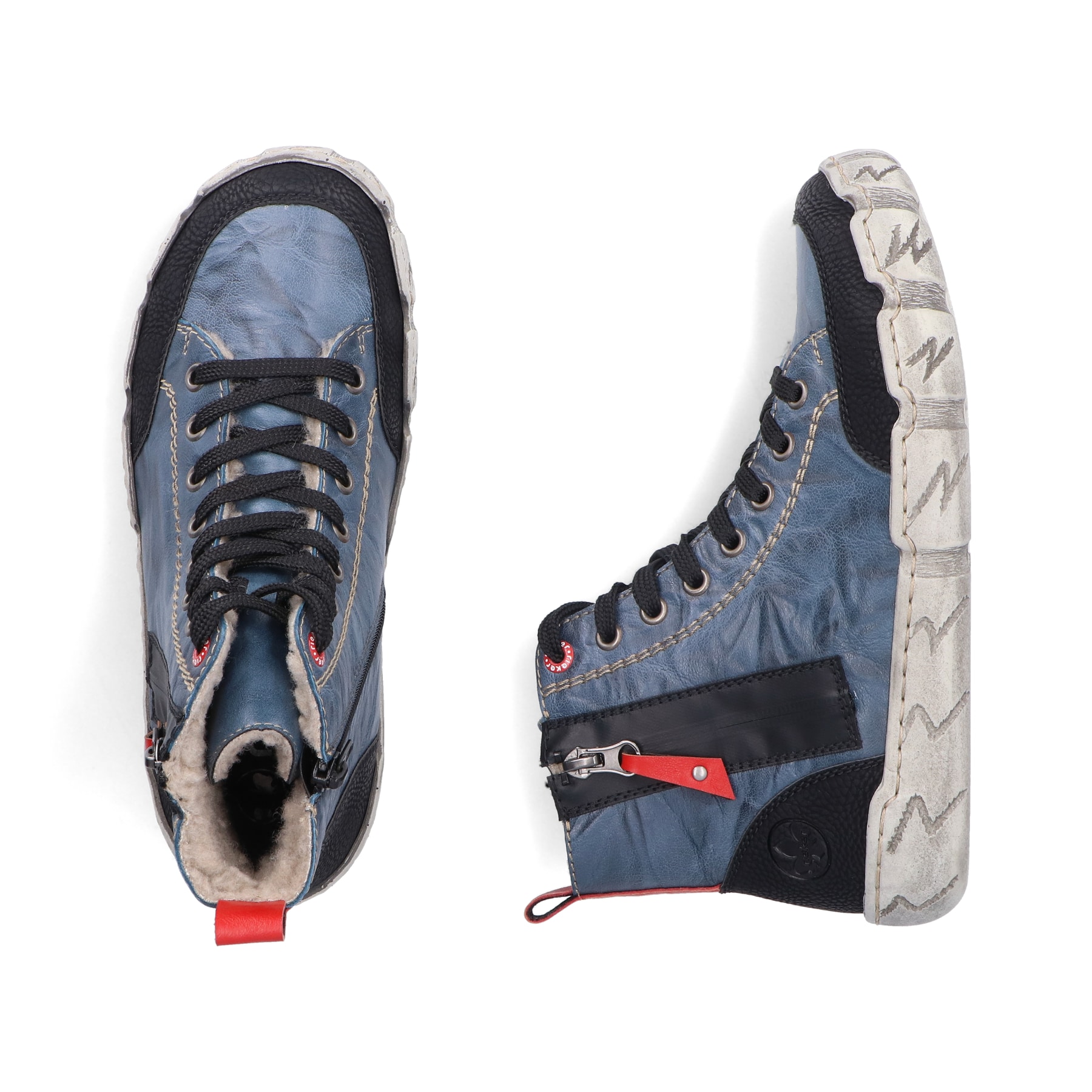 Blaue Rieker Damen Kurzstiefel L0370-14 mit einem Reißverschluss. Schuh von oben, liegend.