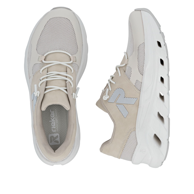 Beige Rieker Damen Sneaker Low W3500-60 mit Schnürung sowie ultraleichter Sohle. Schuh von oben, liegend.