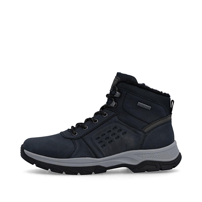 Dunkelblau-schwarze Rieker Herren Schnürstiefel 30201-14 mit Reißverschluss. Schuh Außenseite.