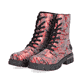 Rote Rieker Damen Biker Boots Z9120-35 mit Textprint sowie einem Reißverschluss. Schuhpaar seitlich schräg.