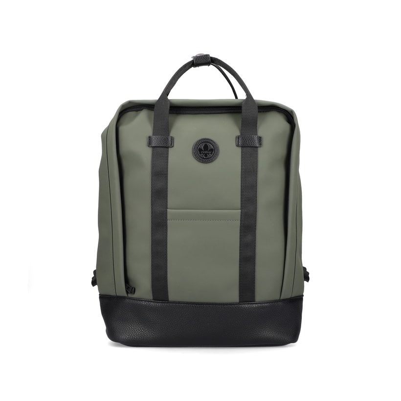 Rieker Damen Rucksack H1530-54 in Khakigrün-Schwarz aus Kunstleder mit Reißverschluss. Rucksack Vorderseite.