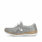Graue Rieker Damen Slipper N4263-40 mit Deko-Reißverschluss sowie einem Gummizug. Schuh Außenseite.