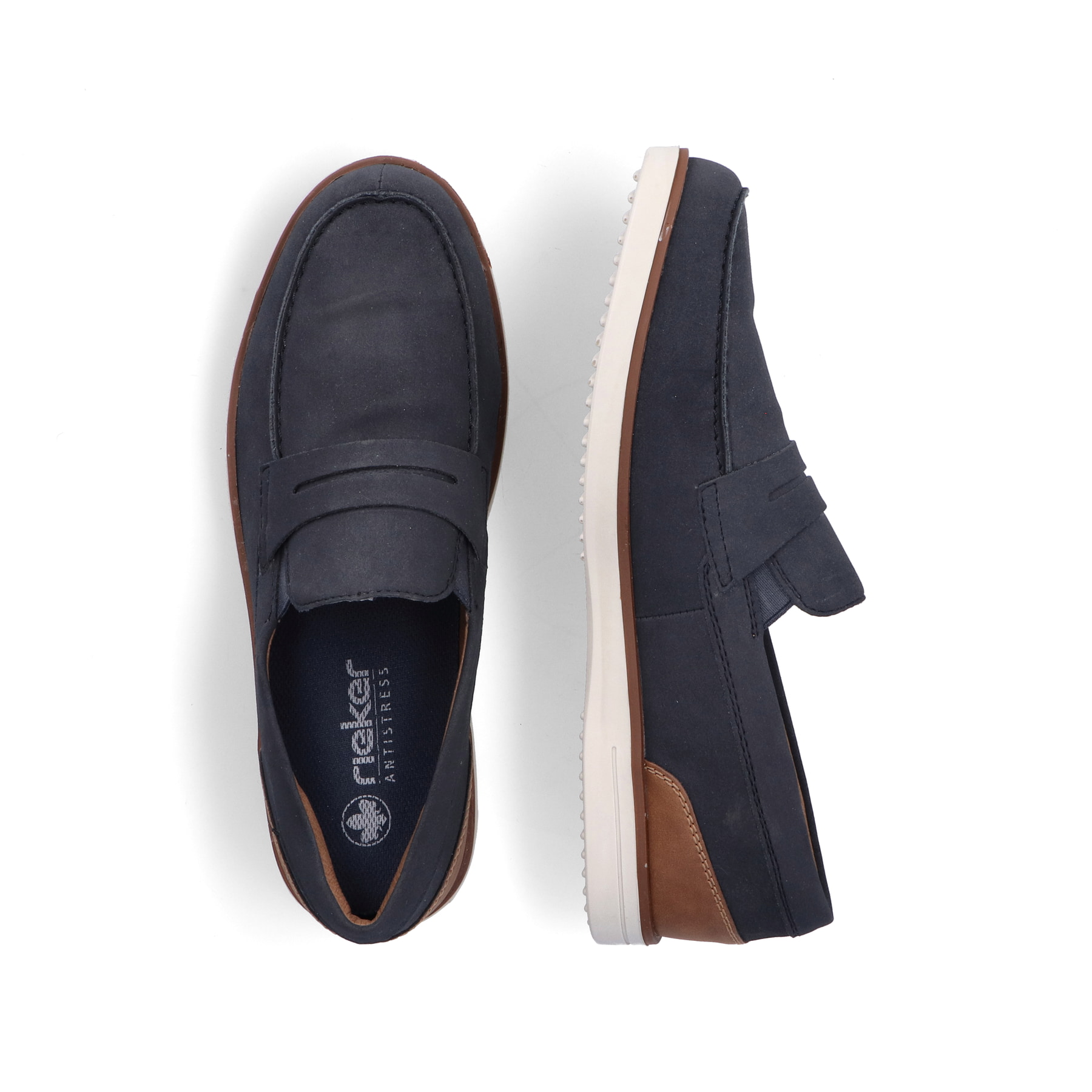 Blaue Rieker Herren Slipper B2350-14 mit Elastikeinsatz sowie Komfortweite G 1/2. Schuh von oben, liegend.