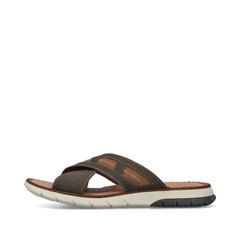 Braune Rieker Herren Pantoletten 25252-25 mit der Komfortweite G 1/2. Schuh Außenseite.