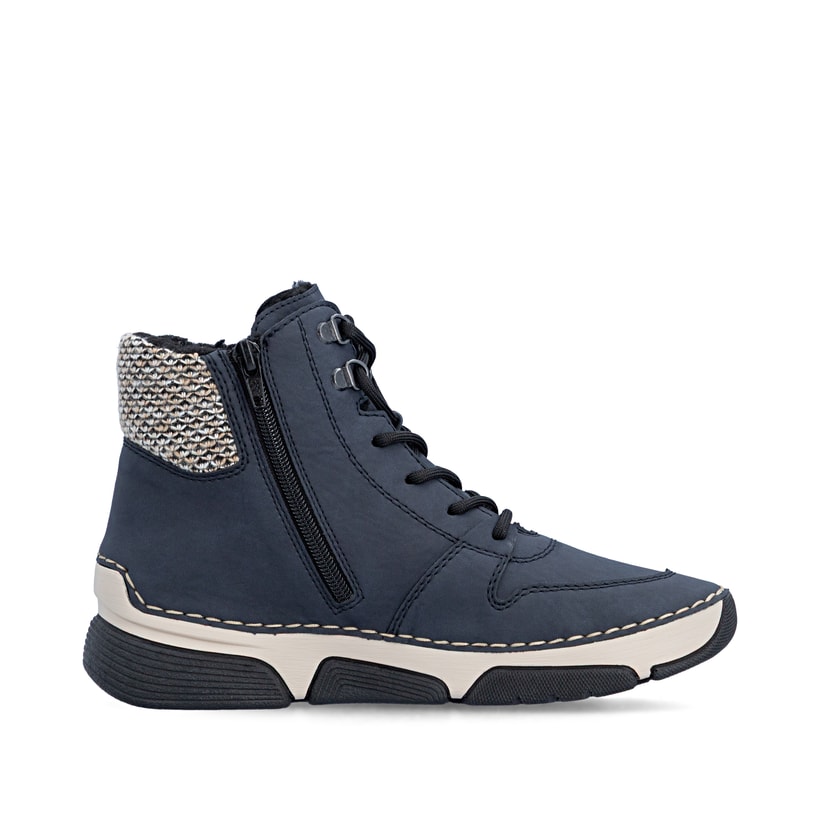Dunkelblaue Rieker Damen Schnürstiefel 45955-15 mit Strick-Kragen. Schuh Innenseite.