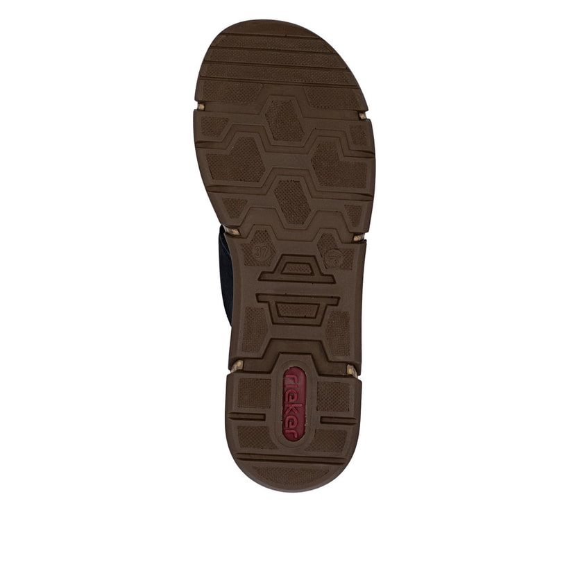 Dunkelbraune Rieker Damen Pantoletten V2392-24 mit angesagtem Animal-Print. Schuh Laufsohle.